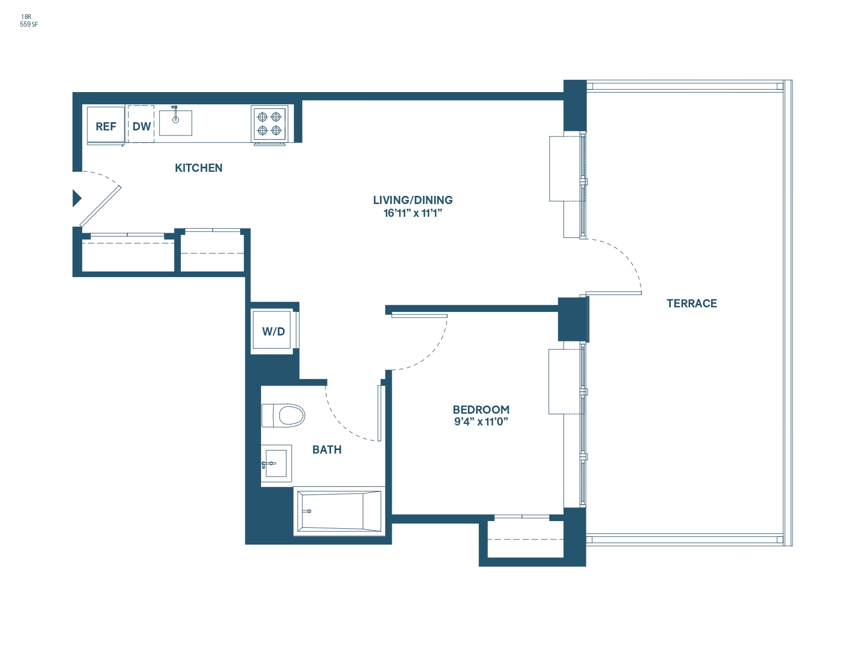 Floor plan for 1 bed, 1 bath, 559 sqft